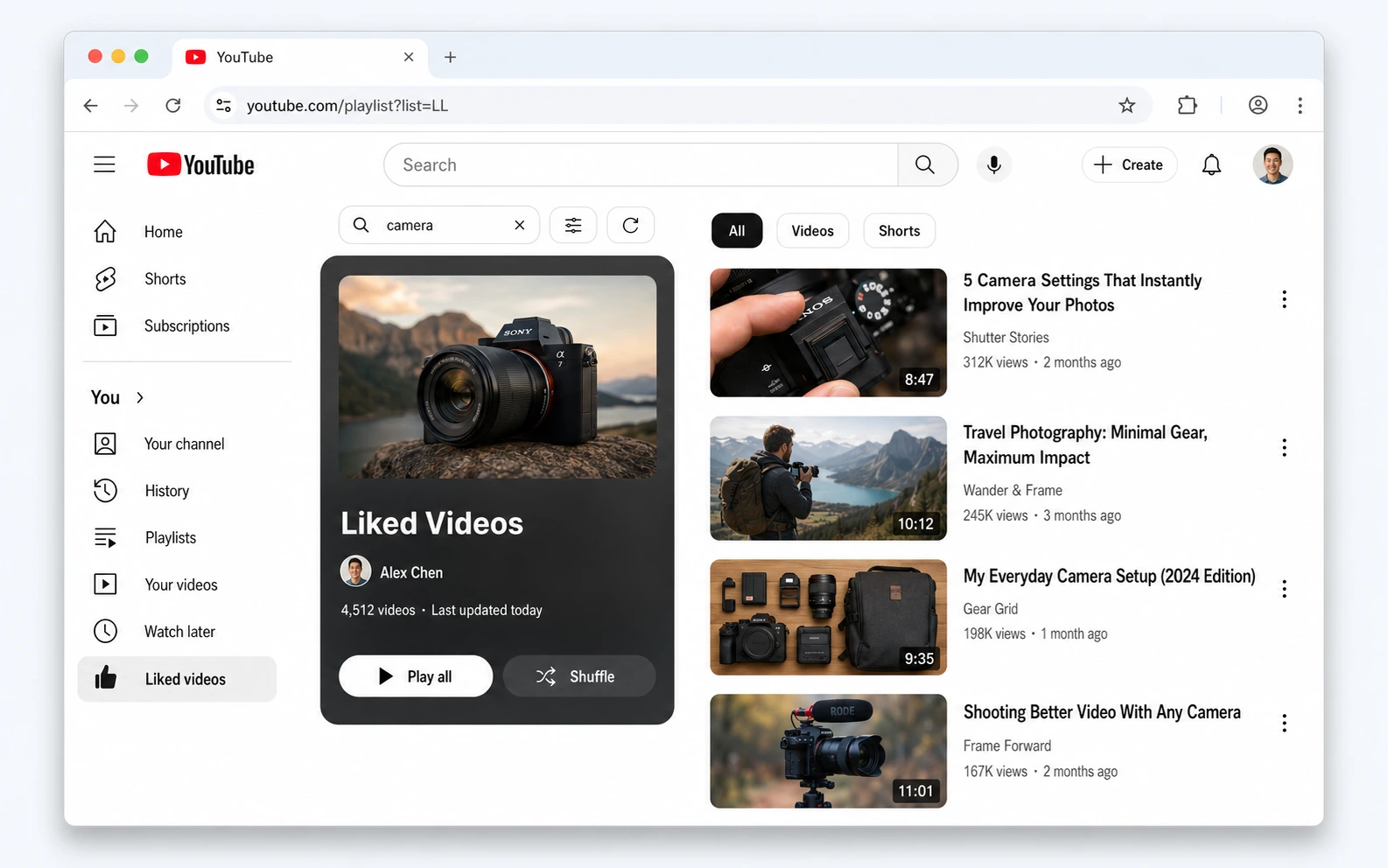 YASE search controls shown above a YouTube saved-videos playlist