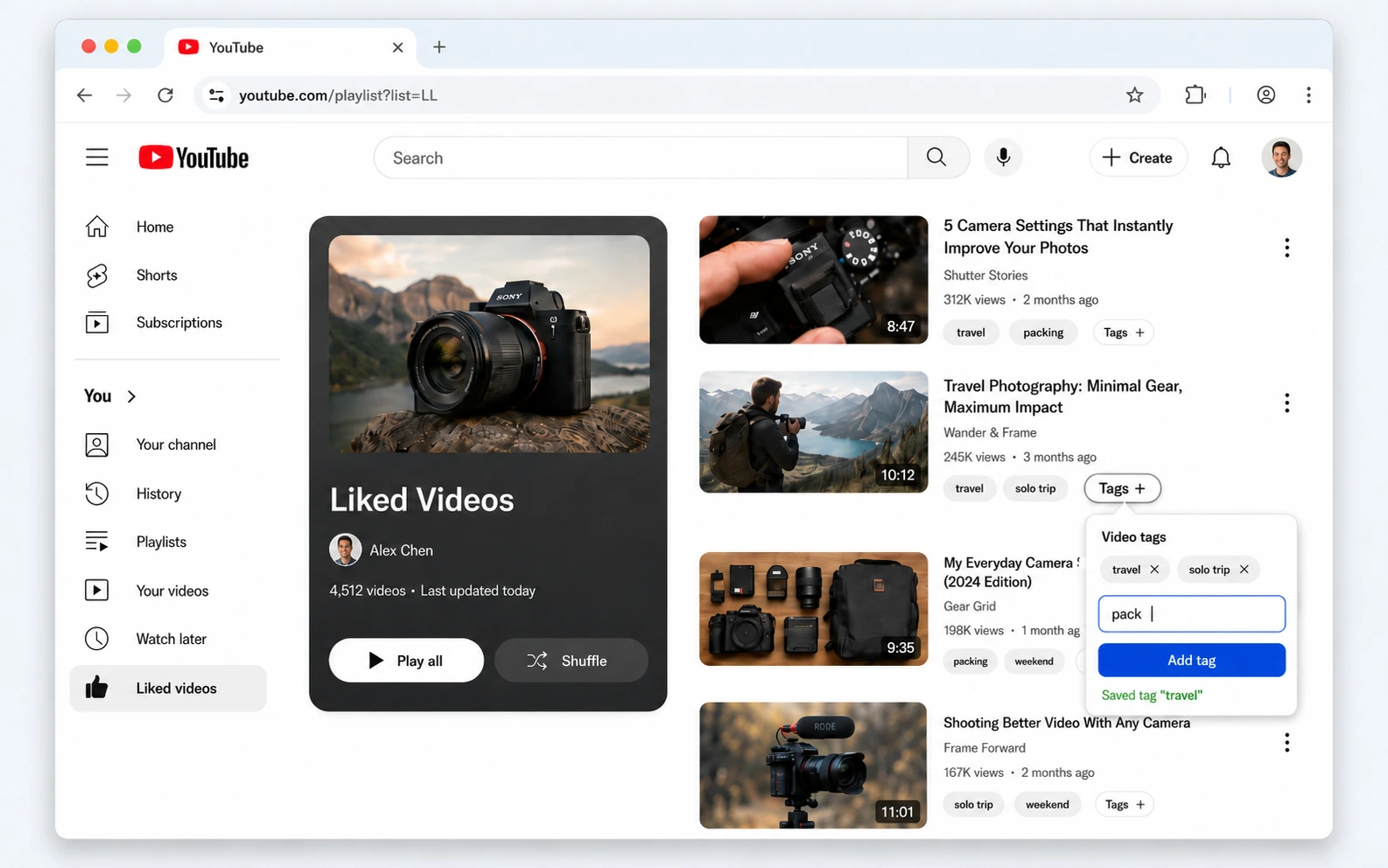 YASE tag pills and video tag editor shown on YouTube video rows